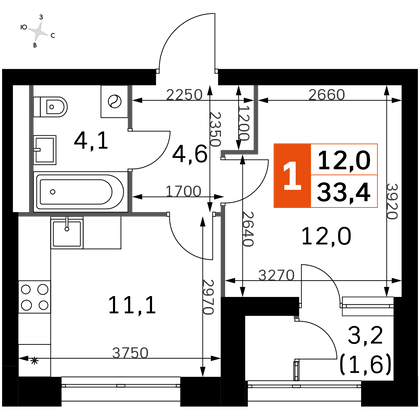 33,4 м², 1-комн. квартира, 26/44 этаж