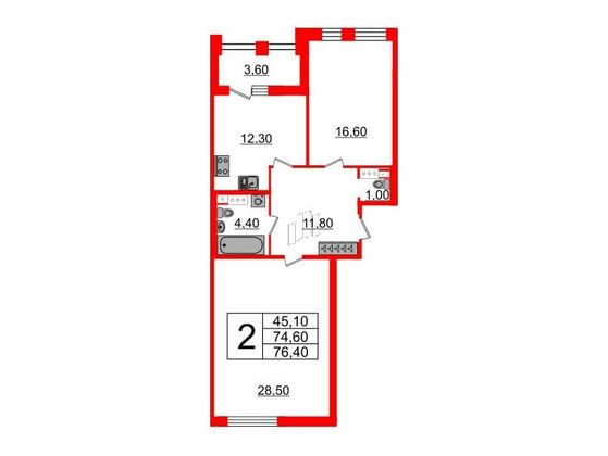 Продажа 2-комнатной квартиры 75,3 м², 4/10 этаж