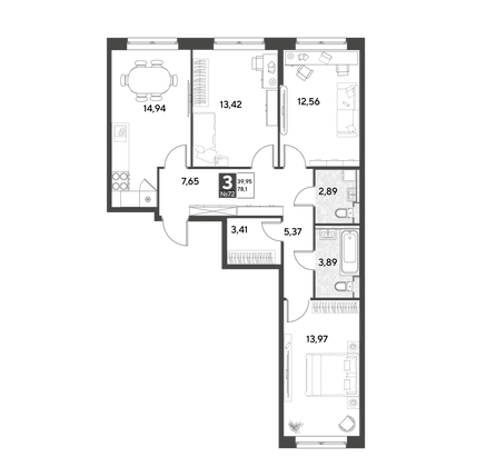 Продажа 3-комнатной квартиры 78,1 м², 10/25 этаж