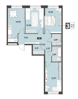 Продажа 3-комнатной квартиры 78,1 м², 10/25 этаж