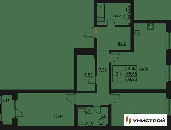 89,6 м², 2-комн. квартира, 9/20 этаж