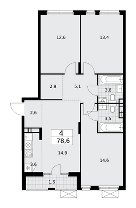 78,6 м², 4-комн. квартира, 10/16 этаж