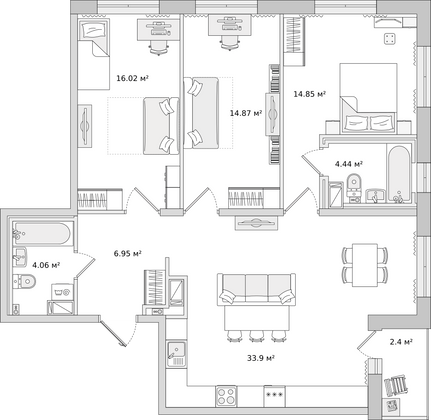 97,5 м², 3-комн. квартира, 2/16 этаж