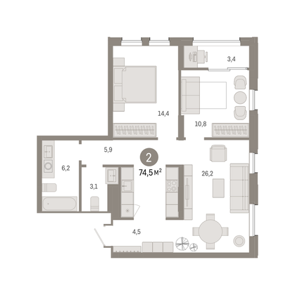 74,5 м², 2-комн. квартира, 14/17 этаж