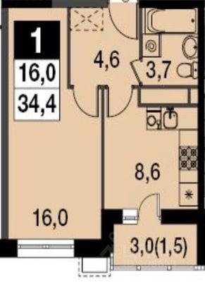 Продажа 1-комнатной квартиры 34,4 м², 10/17 этаж