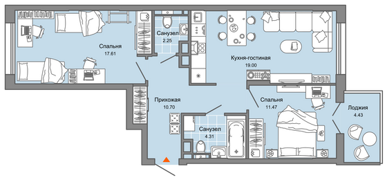 67 м², 3-комн. квартира, 2/6 этаж