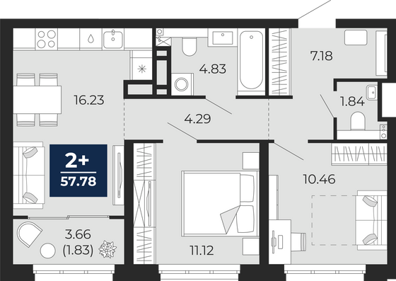 57,8 м², 2-комн. квартира, 2/23 этаж