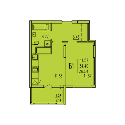 36,5 м², 1-комн. квартира, 6/17 этаж