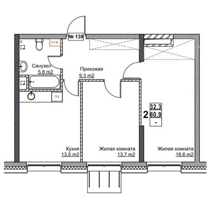 Продажа 2-комнатной квартиры 60,9 м², 2/24 этаж