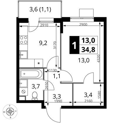 34,8 м², 1-комн. квартира, 13/17 этаж