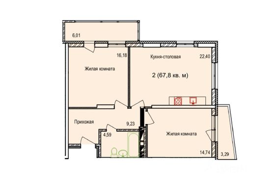 Продажа 2-комнатной квартиры 67,8 м², 8/18 этаж