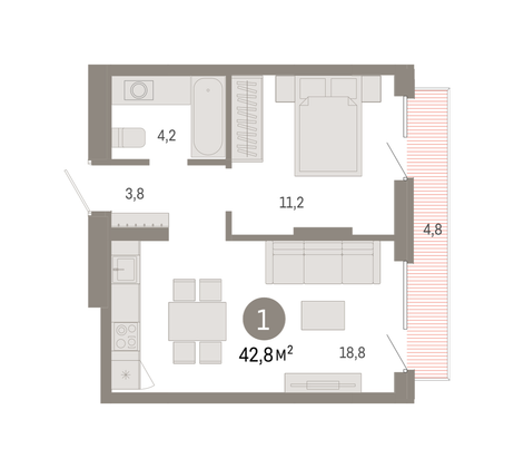 42,8 м², 1-комн. квартира, 5/7 этаж