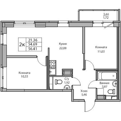 Продажа 2-комнатной квартиры 54,7 м², 7/23 этаж