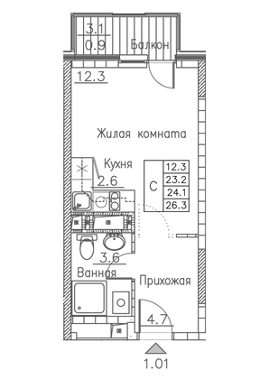 26,3 м², студия, 14/19 этаж