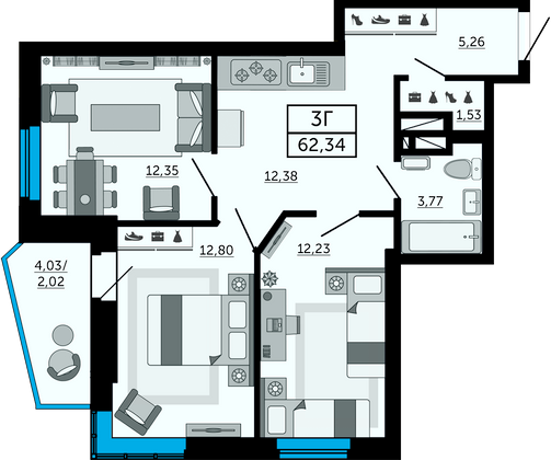 62,3 м², 3-комн. квартира, 2/33 этаж