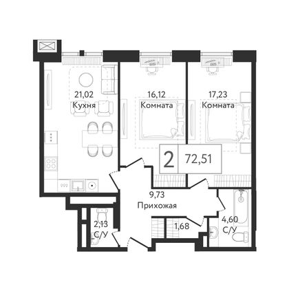 72,5 м², 2-комн. квартира, 21/24 этаж