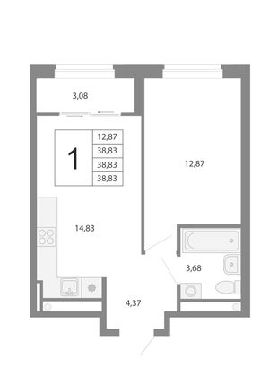 38,8 м², 1-комн. квартира, 14/26 этаж