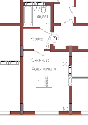 26,9 м², 1-комн. квартира, 1/9 этаж