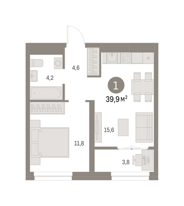 Продажа 1-комнатной квартиры 39,9 м², 6/8 этаж