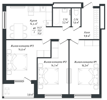 75,8 м², 3-комн. квартира, 15/18 этаж