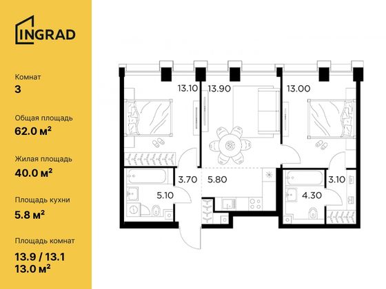 62 м², 3-комн. квартира, 29/33 этаж