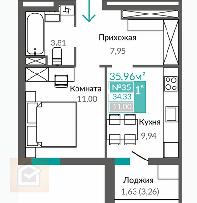 Продажа 1-комнатной квартиры 36 м², 5/9 этаж