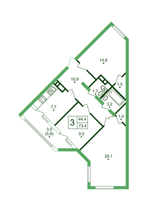 73,4 м², 3-комн. квартира, 5/18 этаж