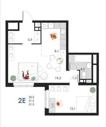 51,5 м², 2-комн. квартира, 3/6 этаж