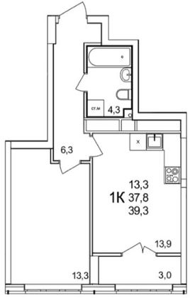 Продажа 1-комнатной квартиры 39,3 м², 23/25 этаж