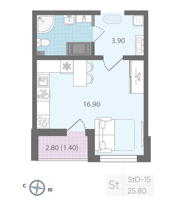 Продажа квартиры-студии 25,8 м², 20/24 этаж