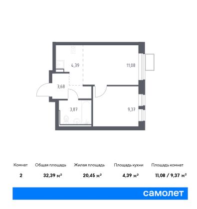 32,4 м², 1-комн. квартира, 4/12 этаж