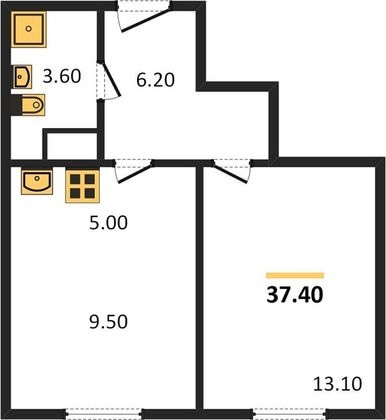 Продажа 1-комнатной квартиры 37,4 м², 5/25 этаж