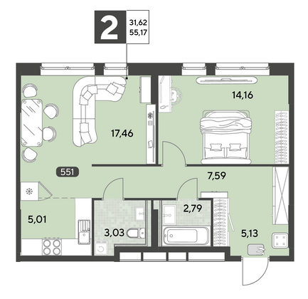 Продажа 2-комнатной квартиры 55,2 м², 1/25 этаж
