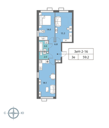 Продажа 2-комнатной квартиры 59,2 м², 16/23 этаж