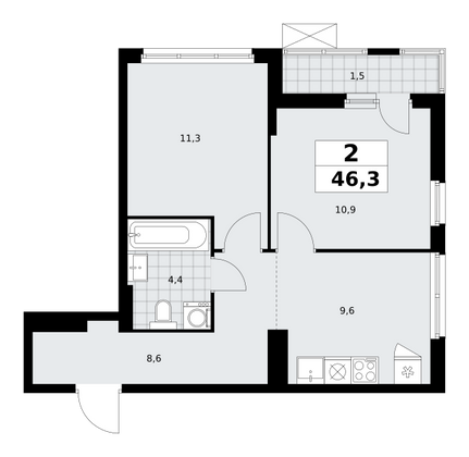 46,3 м², своб. планировка, 11/11 этаж