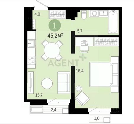 Продажа 1-комнатной квартиры 45,2 м², 2/7 этаж