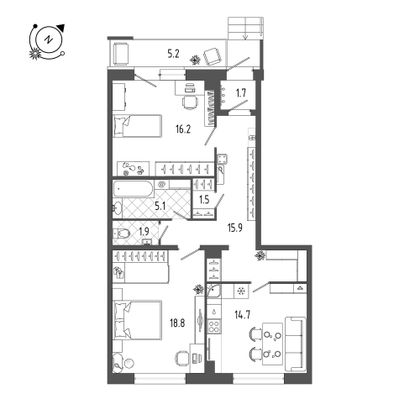 76,9 м², 2-комн. квартира, 1/18 этаж