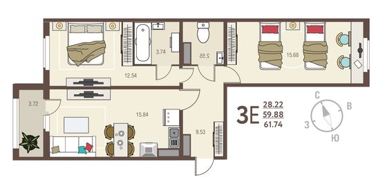 61,7 м², 2-комн. квартира, 6/17 этаж