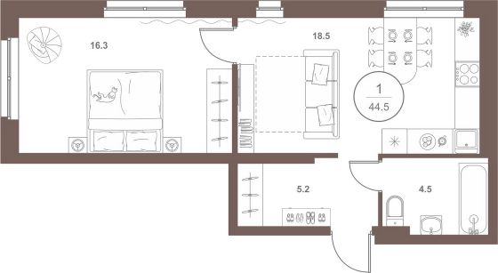 Продажа 1-комнатной квартиры 44,5 м², 4/18 этаж