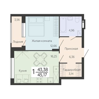 Продажа 1-комнатной квартиры 45,2 м², 2/14 этаж