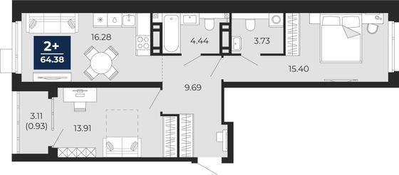 64,4 м², 2-комн. квартира, 8/14 этаж