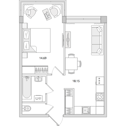 Продажа 1-комнатной квартиры 42,8 м², 4/4 этаж