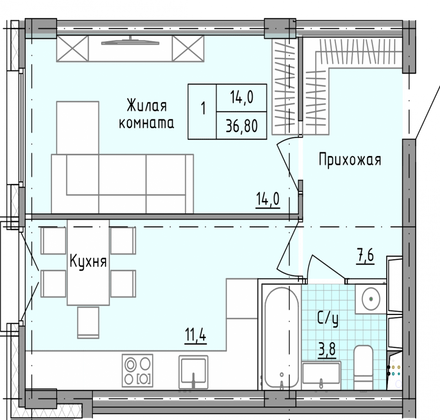 Продажа 1-комнатной квартиры 36 м², 10/25 этаж