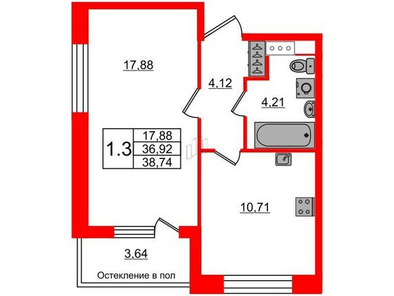 Продажа 1-комнатной квартиры 36,9 м², 4/12 этаж