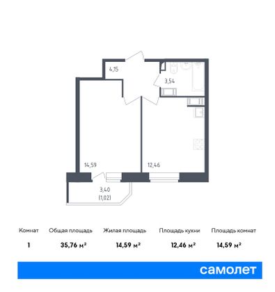 35,8 м², 1-комн. квартира, 19/23 этаж