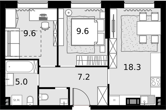 51,4 м², 2-комн. квартира, 5/28 этаж