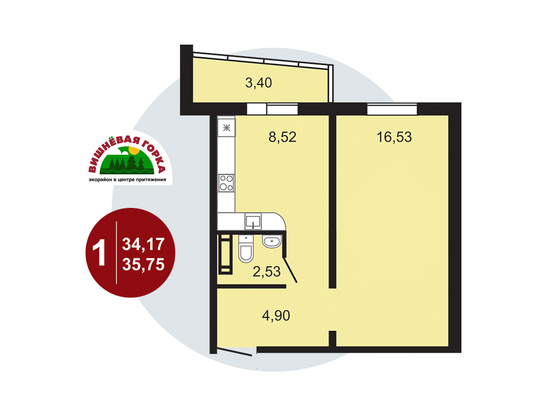 Продажа 1-комнатной квартиры 35,9 м², 9/11 этаж