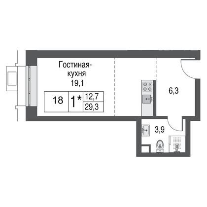 Продажа квартиры-студии 29,4 м², 2/53 этаж