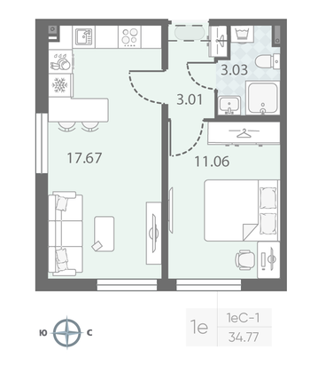 Продажа 1-комнатной квартиры 34,8 м², 3/23 этаж