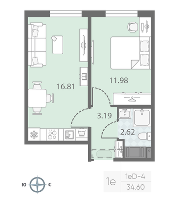 Продажа 1-комнатной квартиры 34,6 м², 14/23 этаж
